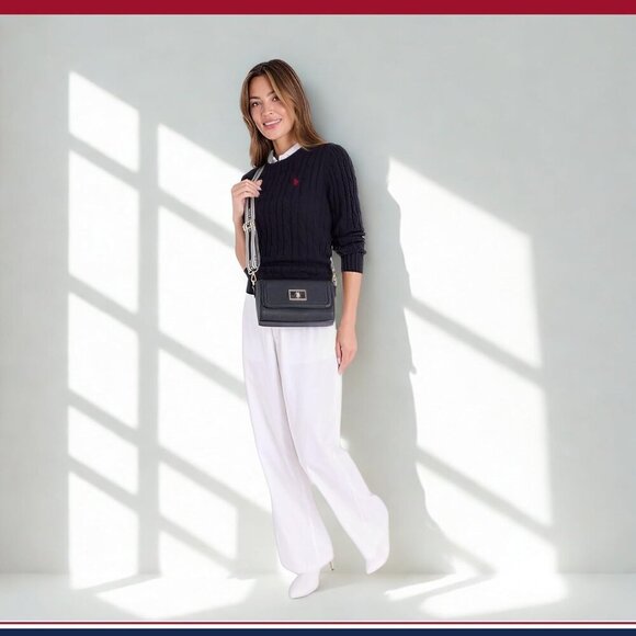 Large Women's Ribbed Trim Cable Knit Sweater - Timeless Style and Comfort - Picture 3 of 6